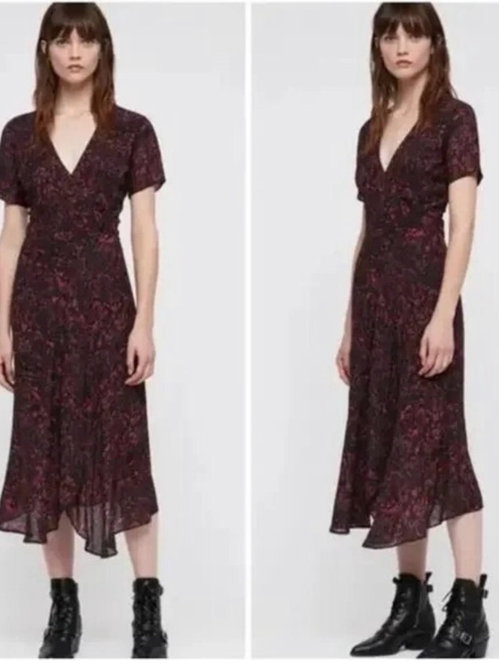 All Saints Seeta Rosey Berry Floral Dark Romance Wrap Dress Size S